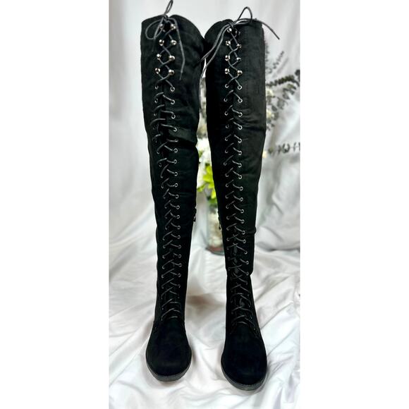 Tall Talk Flat Lace Up Over the Knee Boot - Black 10 - Picture 9 of 16